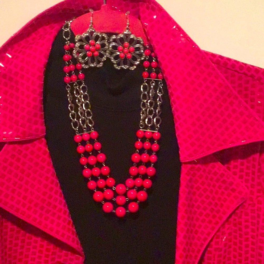 Multi Strand Hot Pink Necklace & Earring Set